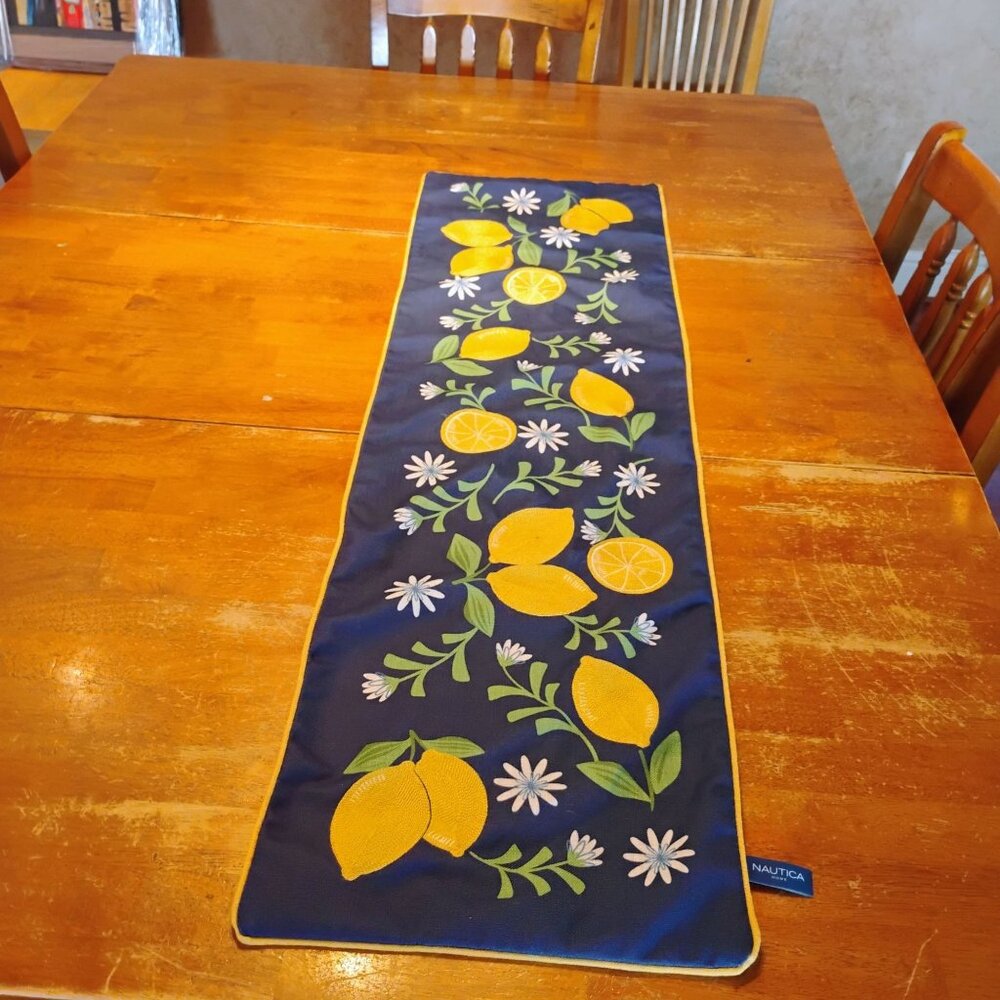 Embroidered Lemons & Daisies Table Runner Blue Background Nautica Home 48"x14" - Picture 4 of 9